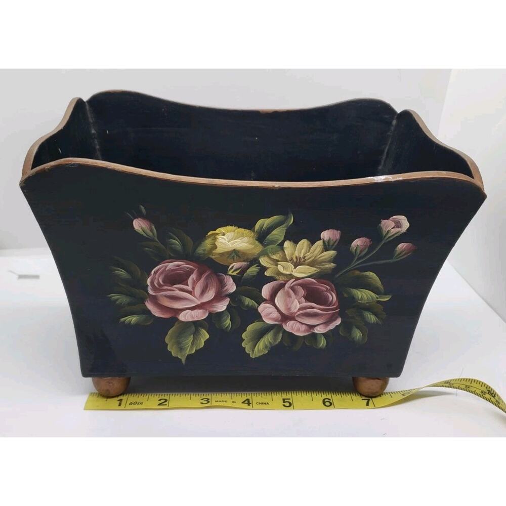 Vintage Toleware Hand Painted Roses Black Jardiniere Cache Pot Decor Vanity - Picture 10 of 12